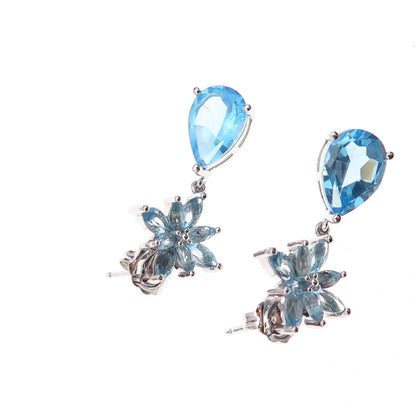 Atelier 925 Sterling Silver Mexico Real Blue Topaz Floral Dangle Earrings