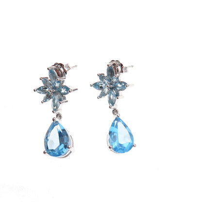 Atelier 925 Sterling Silver Mexico Real Blue Topaz Floral Dangle Earrings