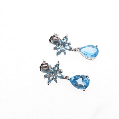 Atelier 925 Sterling Silver Mexico Real Blue Topaz Floral Dangle Earrings