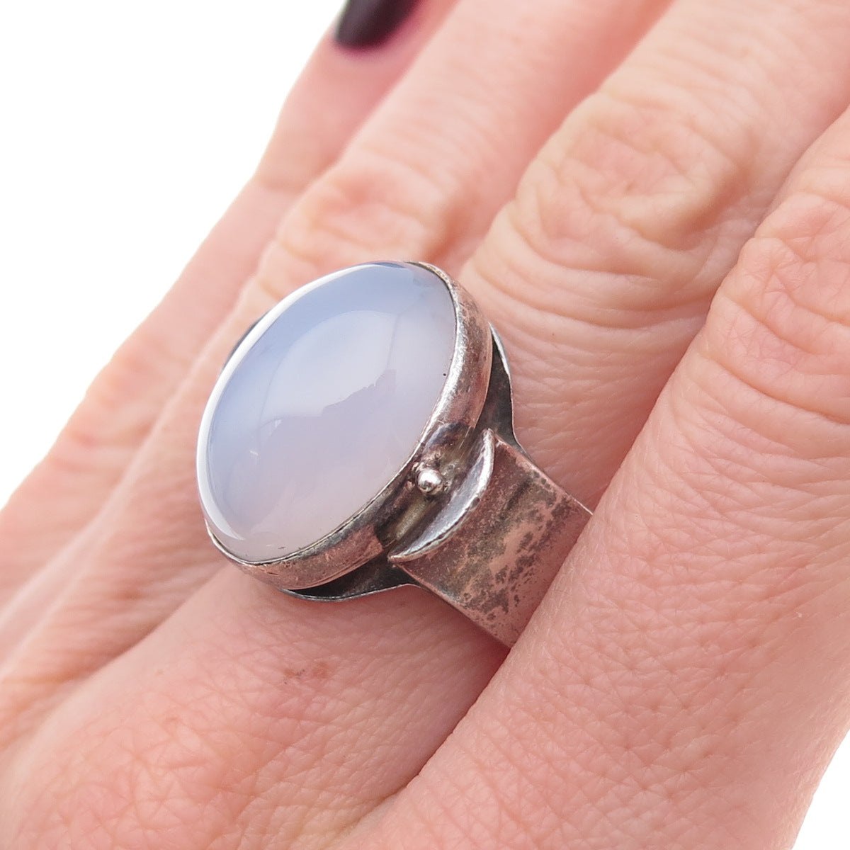 Sajen Sterling Silver Vintage Real Chalcedony Modernist Adjustable Ring Size 7.5