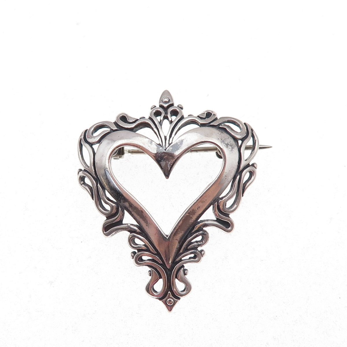 Jezlaine 925 Sterling Silver Vintage Ornate Heart Oxidized Pin Brooch
