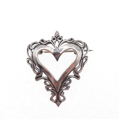 Jezlaine 925 Sterling Silver Vintage Ornate Heart Oxidized Pin Brooch