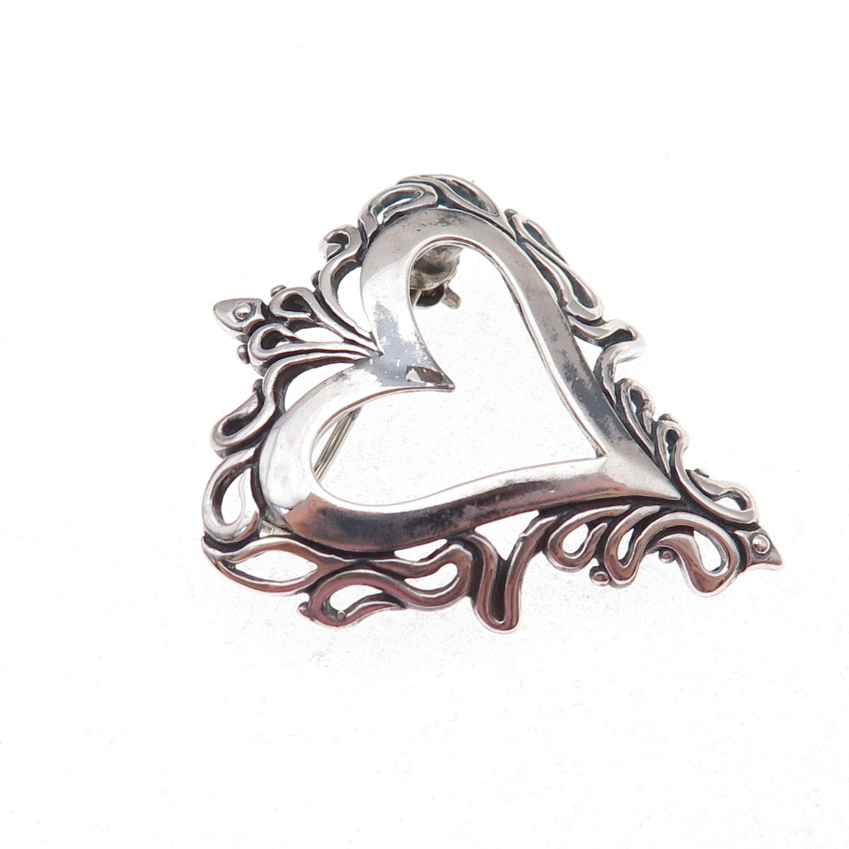 Jezlaine 925 Sterling Silver Vintage Ornate Heart Oxidized Pin Brooch