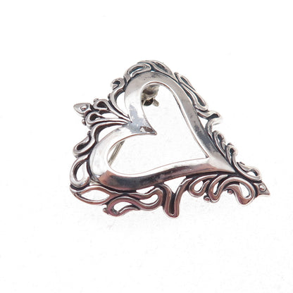 Jezlaine 925 Sterling Silver Vintage Ornate Heart Oxidized Pin Brooch