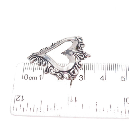 Jezlaine 925 Sterling Silver Vintage Ornate Heart Oxidized Pin Brooch