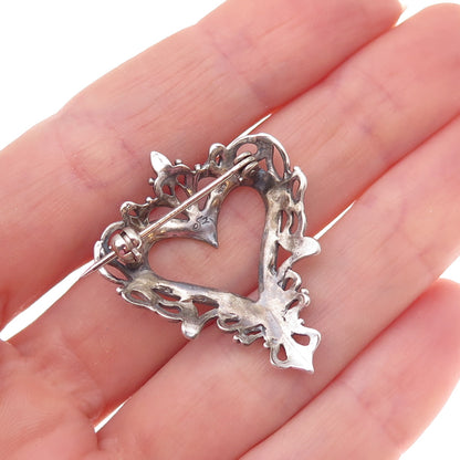 Jezlaine 925 Sterling Silver Vintage Ornate Heart Oxidized Pin Brooch