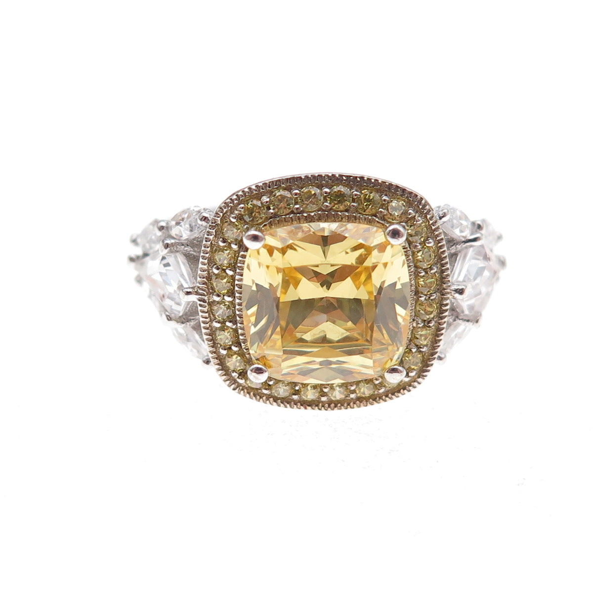 Tacori IV 925 Sterling Silver 2-Tone Canary & White C Z Ring Size 5.25