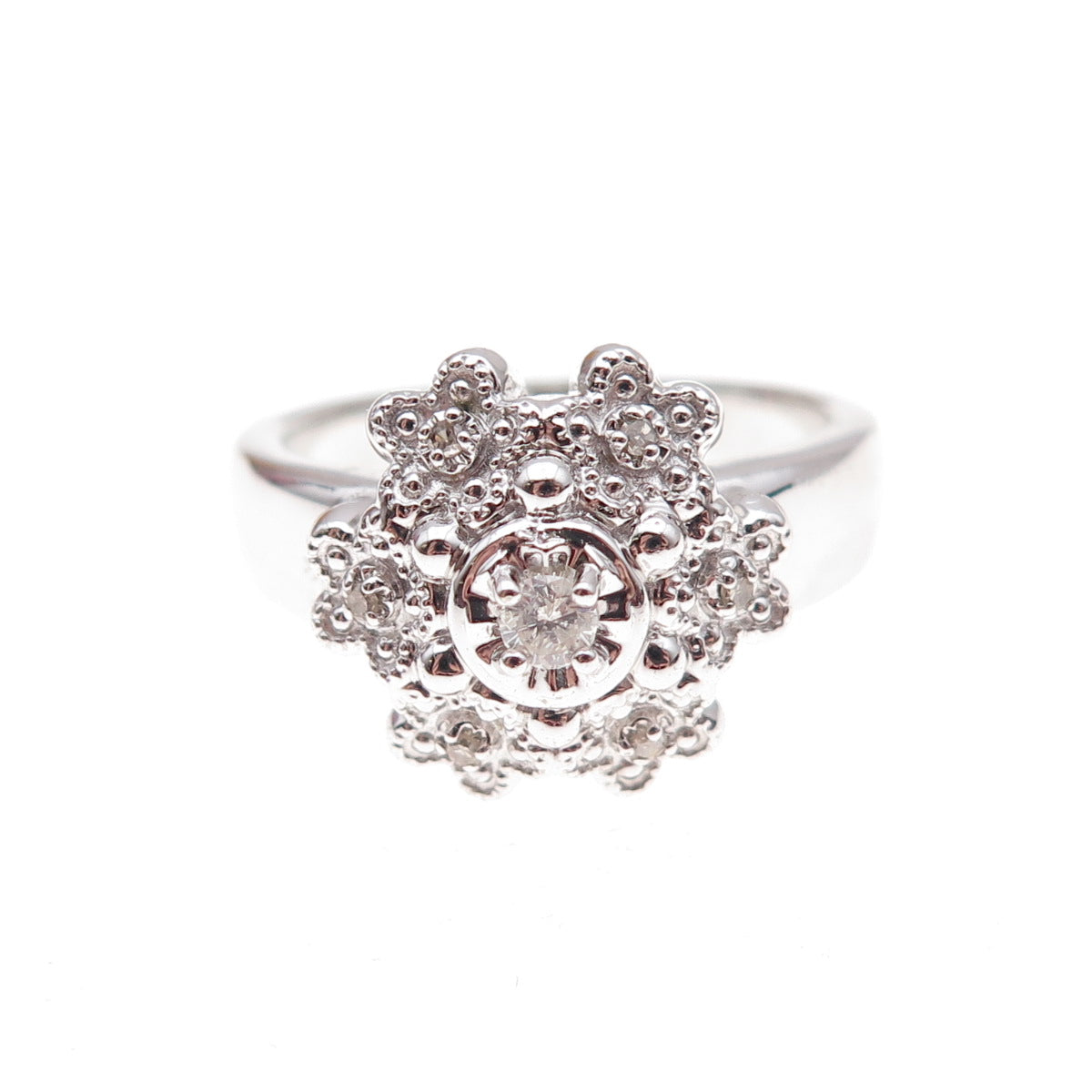 925 Sterling Silver Mexico Real Round-Cut Diamond Floral Ring Size 7
