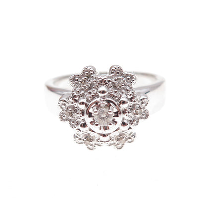 925 Sterling Silver Mexico Real Round-Cut Diamond Floral Ring Size 7
