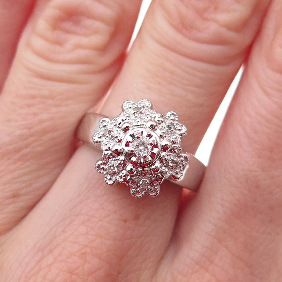 925 Sterling Silver Mexico Real Round-Cut Diamond Floral Ring Size 7