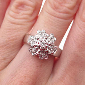 925 Sterling Silver Mexico Real Round-Cut Diamond Floral Ring Size 7
