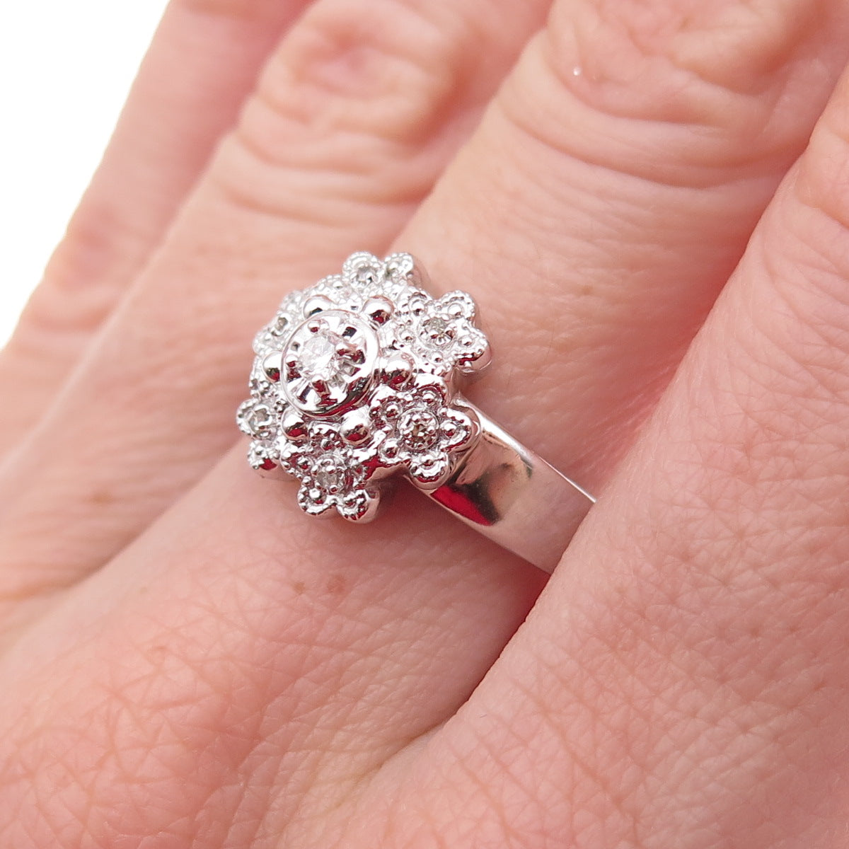 925 Sterling Silver Mexico Real Round-Cut Diamond Floral Ring Size 7