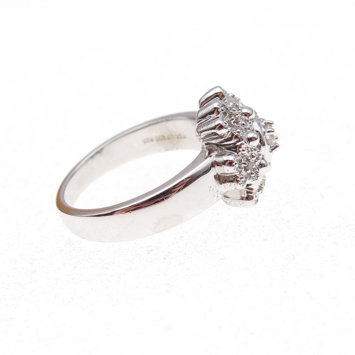 925 Sterling Silver Mexico Real Round-Cut Diamond Floral Ring Size 7