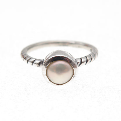 925 Sterling Silver Vintage Real Pearl Modernist Oxidized Ring Size 5.75