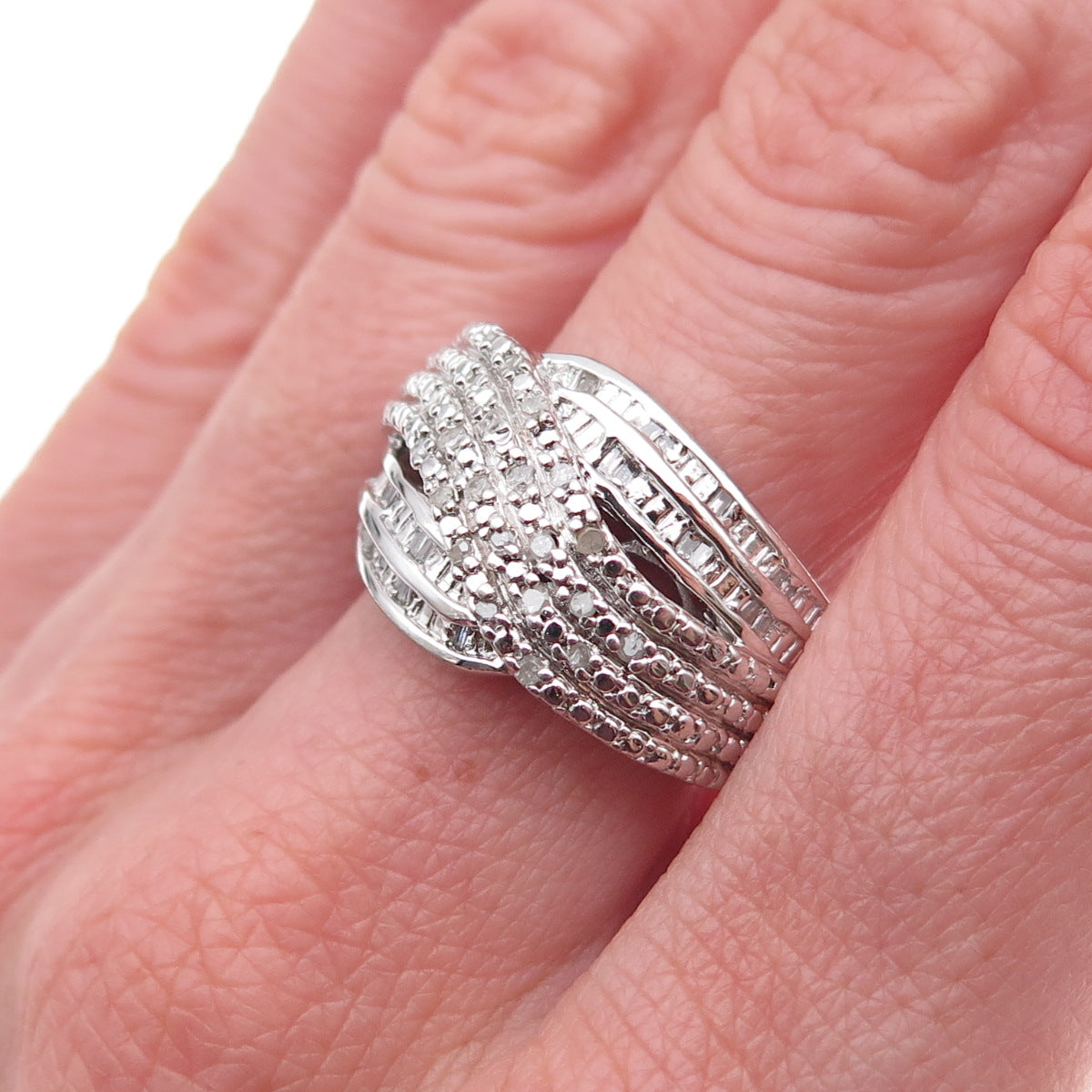 Chuck Clemency 925 Sterling Silver Real Diamond Crisscross Ring Size 8.25