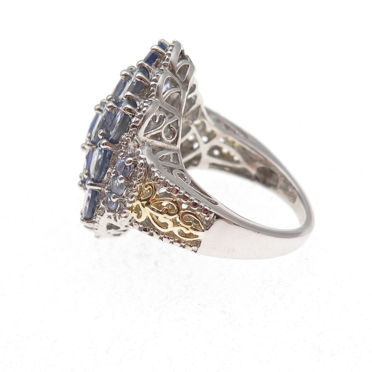 Chuck Clemency 925 Sterling Silver 2-Tone Real Tanzanite Cluster Ring Size 8