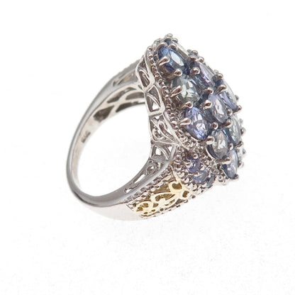 Chuck Clemency 925 Sterling Silver 2-Tone Real Tanzanite Cluster Ring Size 8