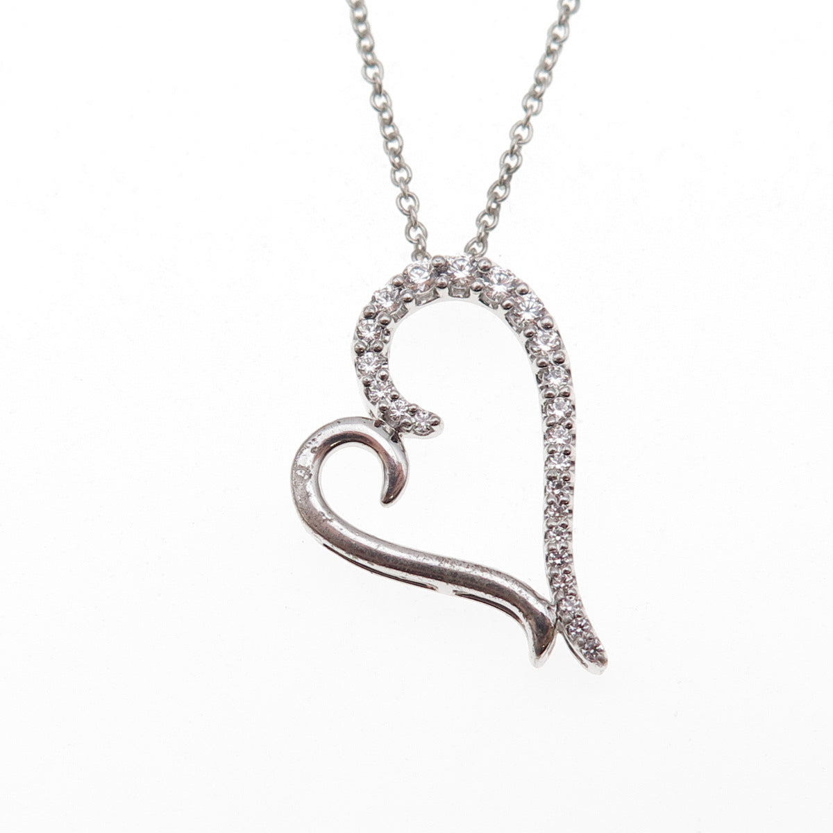 925 Sterling Silver Round-Cut C Z Heart Cable Chain Necklace 18"