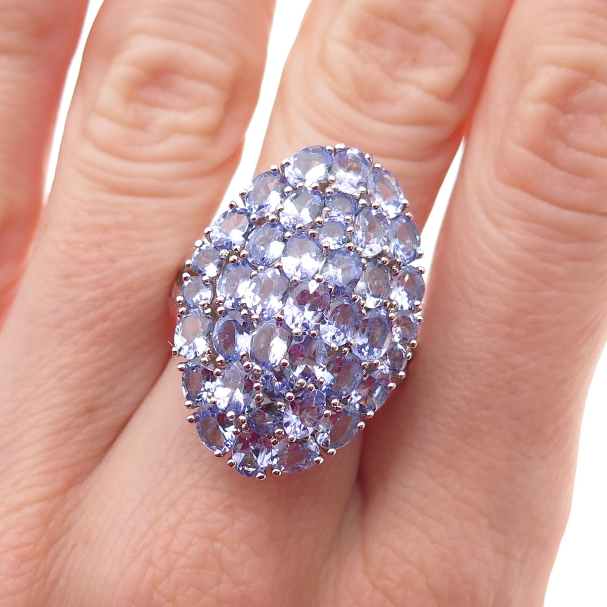 925 Sterling Silver Real Oval & Round-Cut Tanzanite Cluster Ring Size 7.75