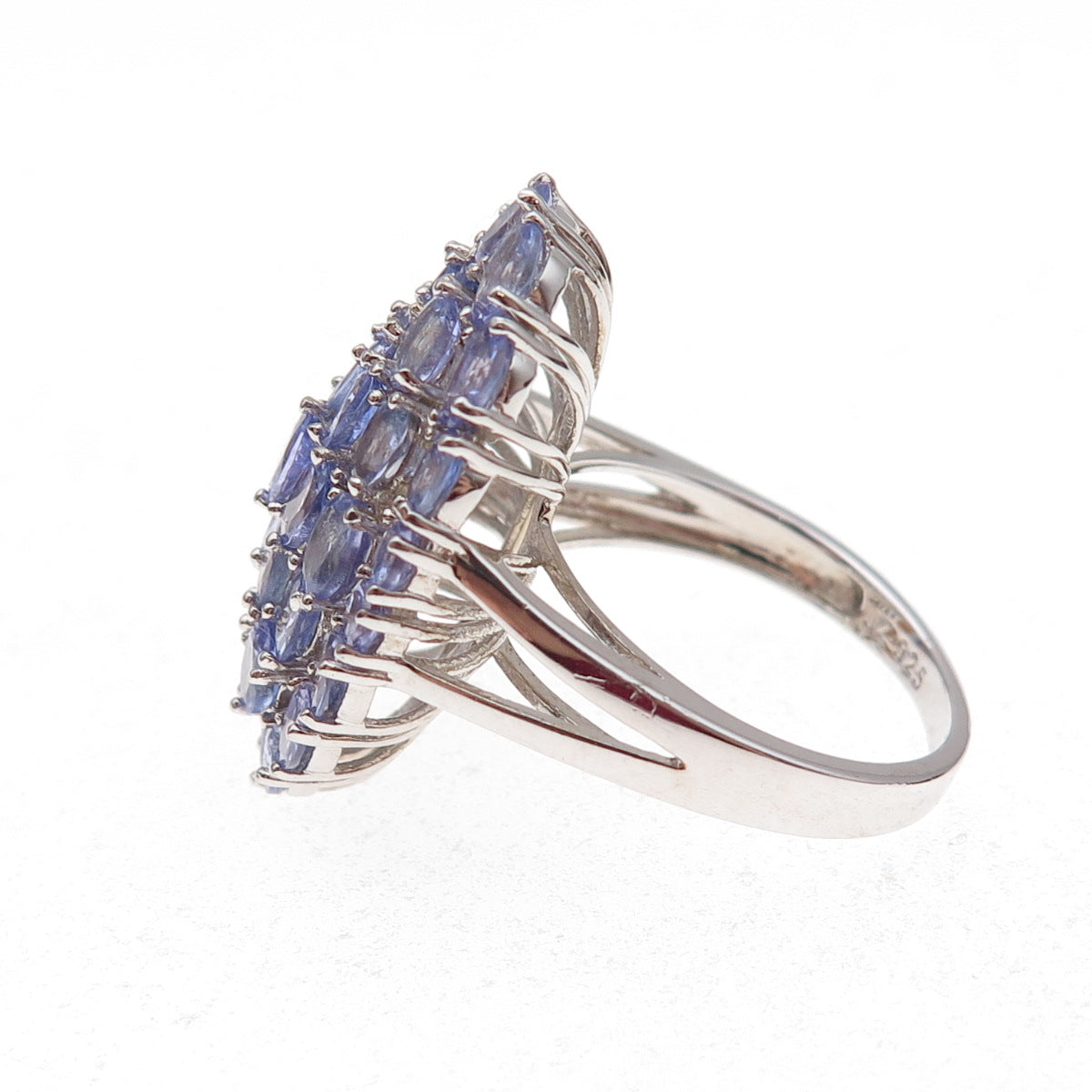 925 Sterling Silver Real Oval & Round-Cut Tanzanite Cluster Ring Size 7.75