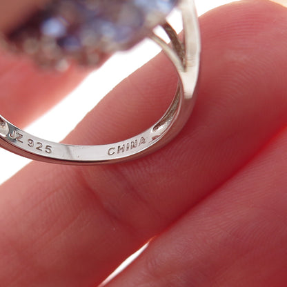925 Sterling Silver Real Oval & Round-Cut Tanzanite Cluster Ring Size 7.75