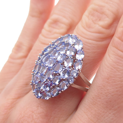 925 Sterling Silver Real Oval & Round-Cut Tanzanite Cluster Ring Size 7.75