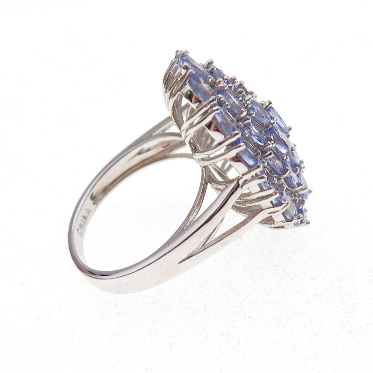 925 Sterling Silver Real Oval & Round-Cut Tanzanite Cluster Ring Size 7.75