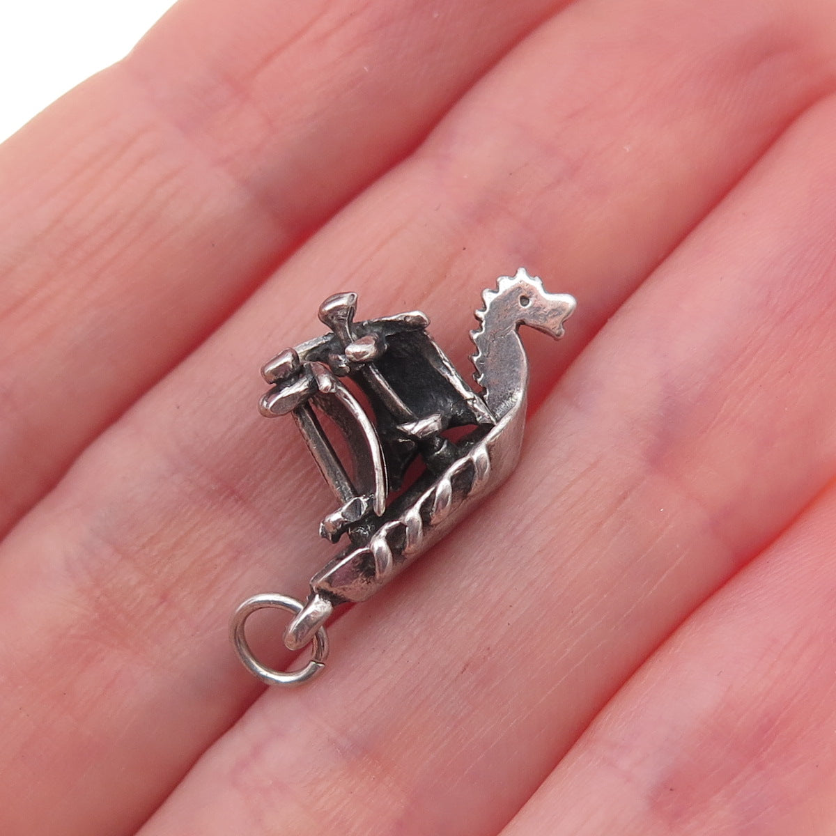 925 Sterling Silver Antique Art Deco Viking Longship Drakkar 3D Charm Pendant