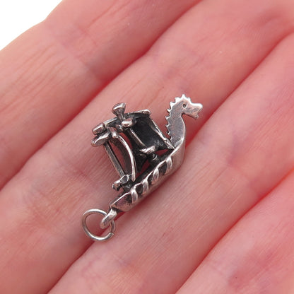 925 Sterling Silver Antique Art Deco Viking Longship Drakkar 3D Charm Pendant