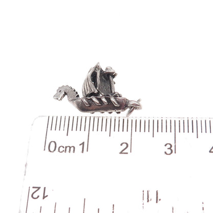 925 Sterling Silver Antique Art Deco Viking Longship Drakkar 3D Charm Pendant