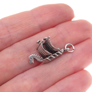 925 Sterling Silver Antique Art Deco Viking Longship Drakkar 3D Charm Pendant