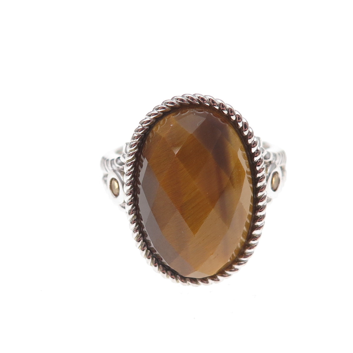 925 Sterling Silver 2-Tone Real Tiger Eye & Citrine Ring Size 9.25