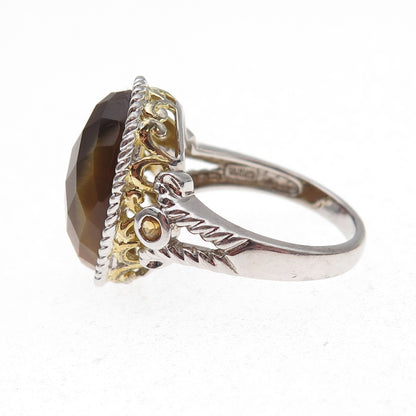 925 Sterling Silver 2-Tone Real Tiger Eye & Citrine Ring Size 9.25