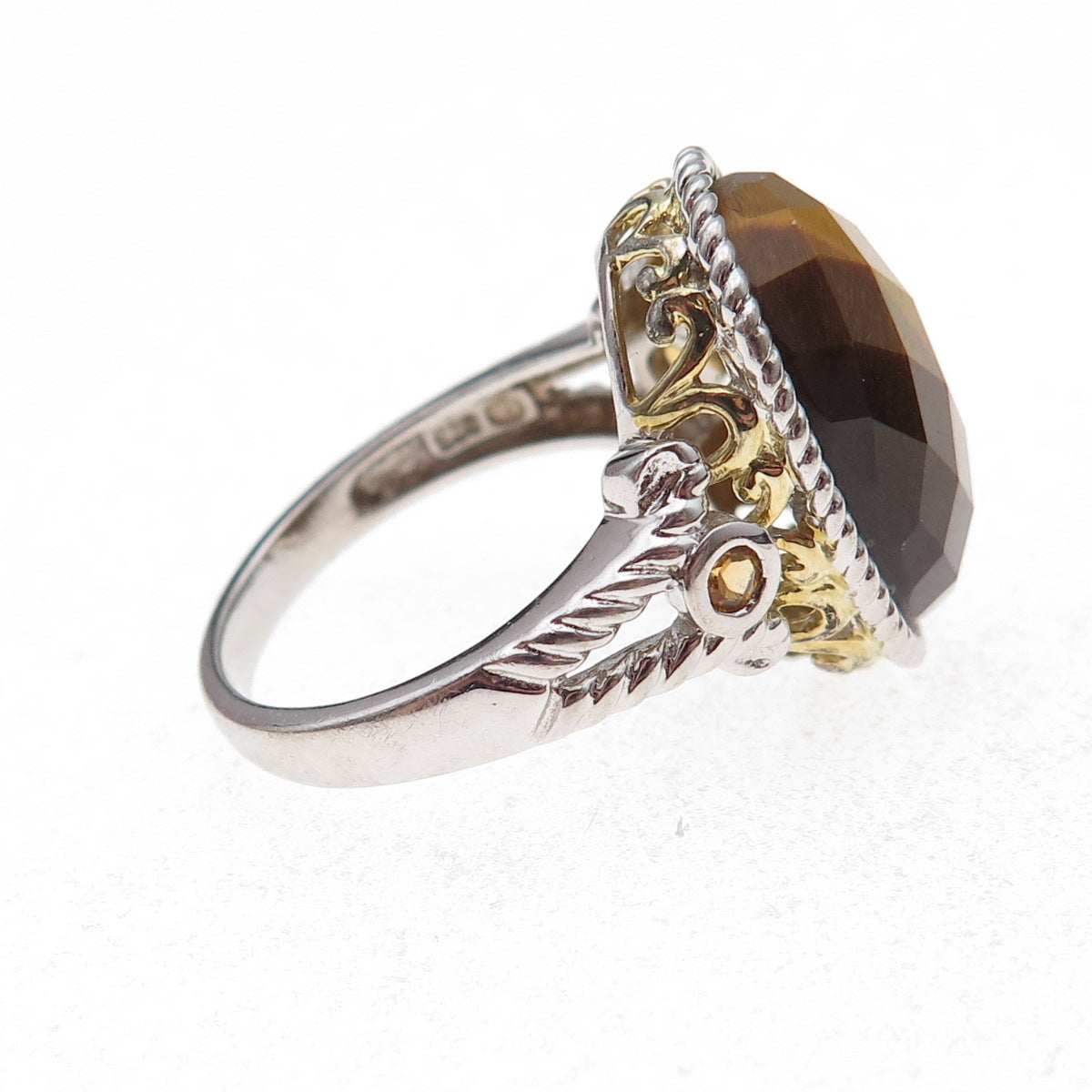 925 Sterling Silver 2-Tone Real Tiger Eye & Citrine Ring Size 9.25