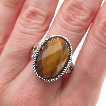 925 Sterling Silver 2-Tone Real Tiger Eye & Citrine Ring Size 9.25