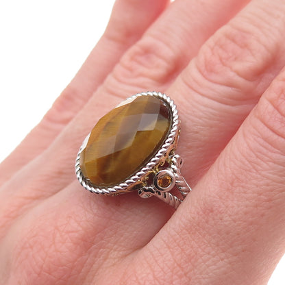 925 Sterling Silver 2-Tone Real Tiger Eye & Citrine Ring Size 9.25