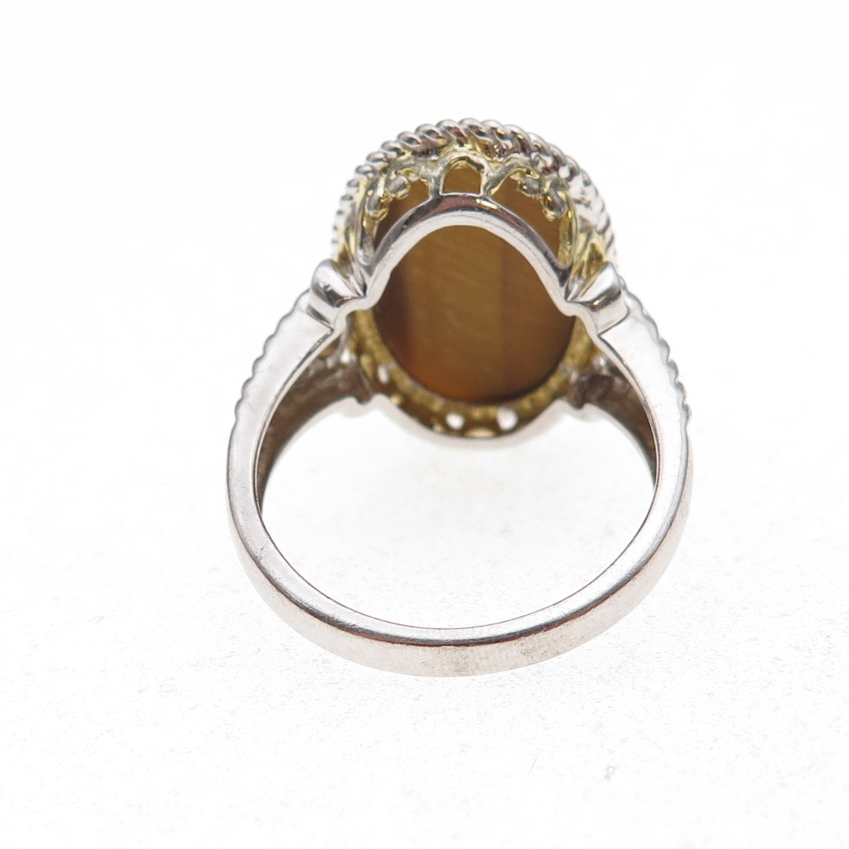 925 Sterling Silver 2-Tone Real Tiger Eye & Citrine Ring Size 9.25