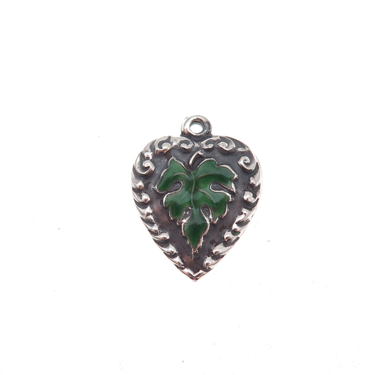925 Sterling Silver Antique Art Deco Enamel Floral Leaf Heart Chatelaine Pendant