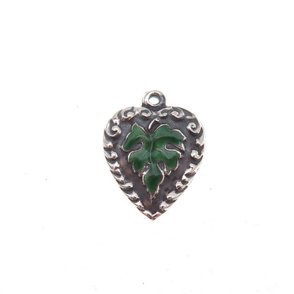 925 Sterling Silver Antique Art Deco Enamel Floral Leaf Heart Chatelaine Pendant