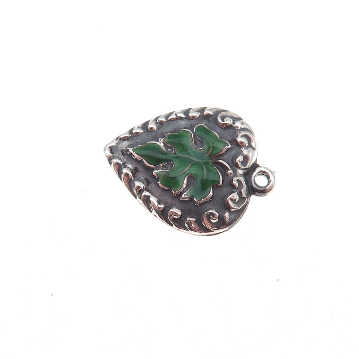 925 Sterling Silver Antique Art Deco Enamel Floral Leaf Heart Chatelaine Pendant