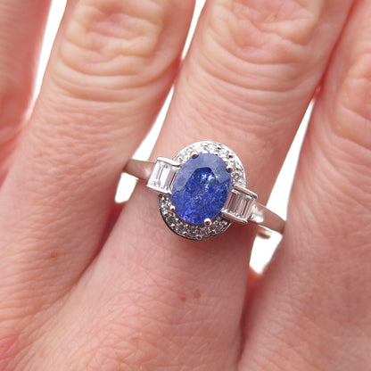925 Sterling Silver Real Tanzanite & White Topaz Ring Size 8.25