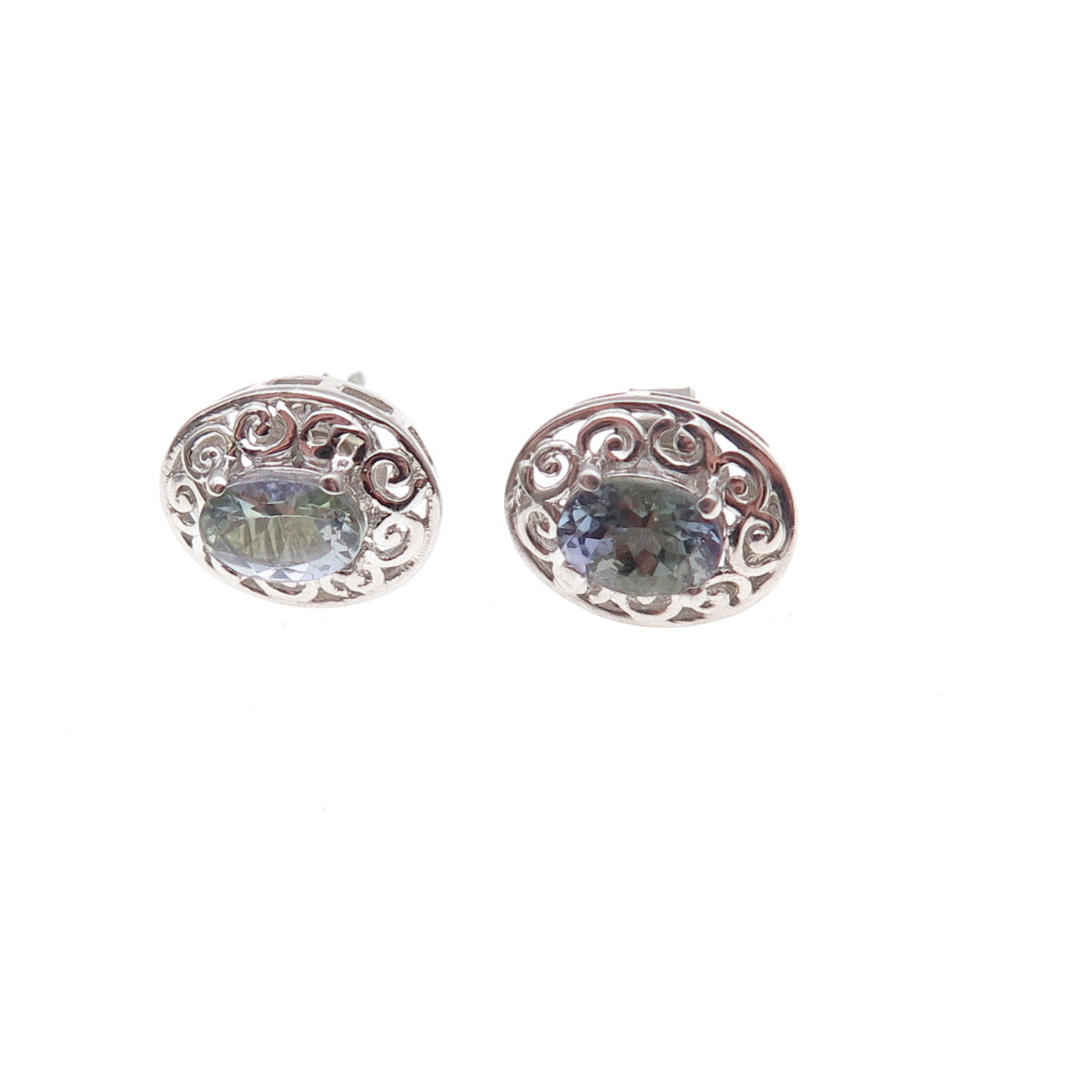 Chuck Clemency 925 Sterling Silver Real Iolite Floral Scroll Stud Earrings