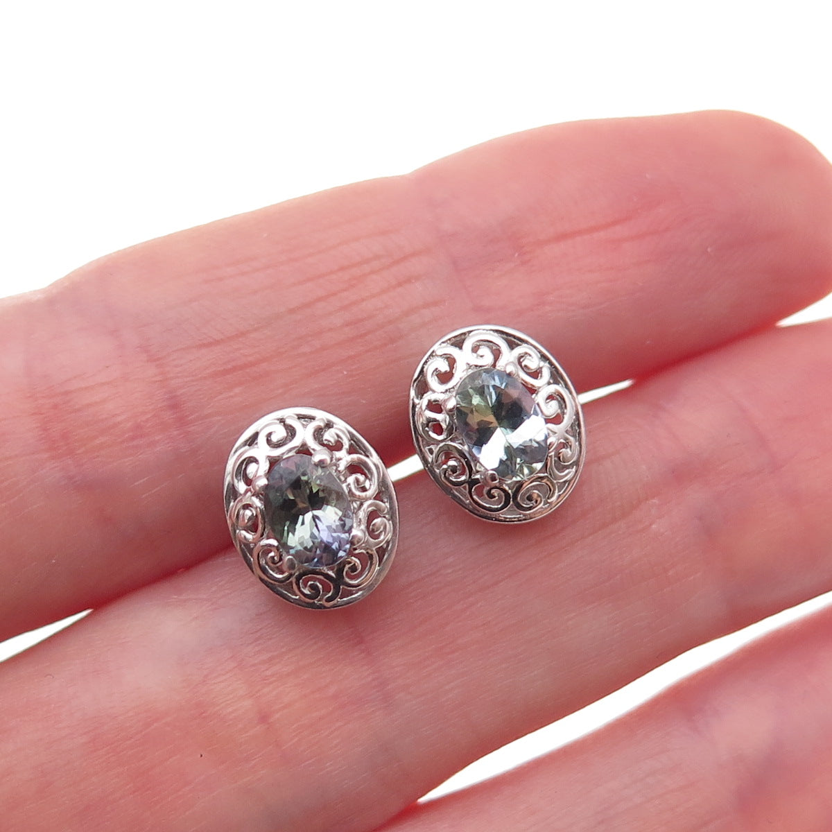 Chuck Clemency 925 Sterling Silver Real Iolite Floral Scroll Stud Earrings