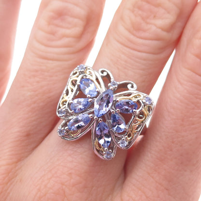 Chuck Clemency Sterling Silver 2-Tone Real Tanzanite Butterfly Ring Size 8.25