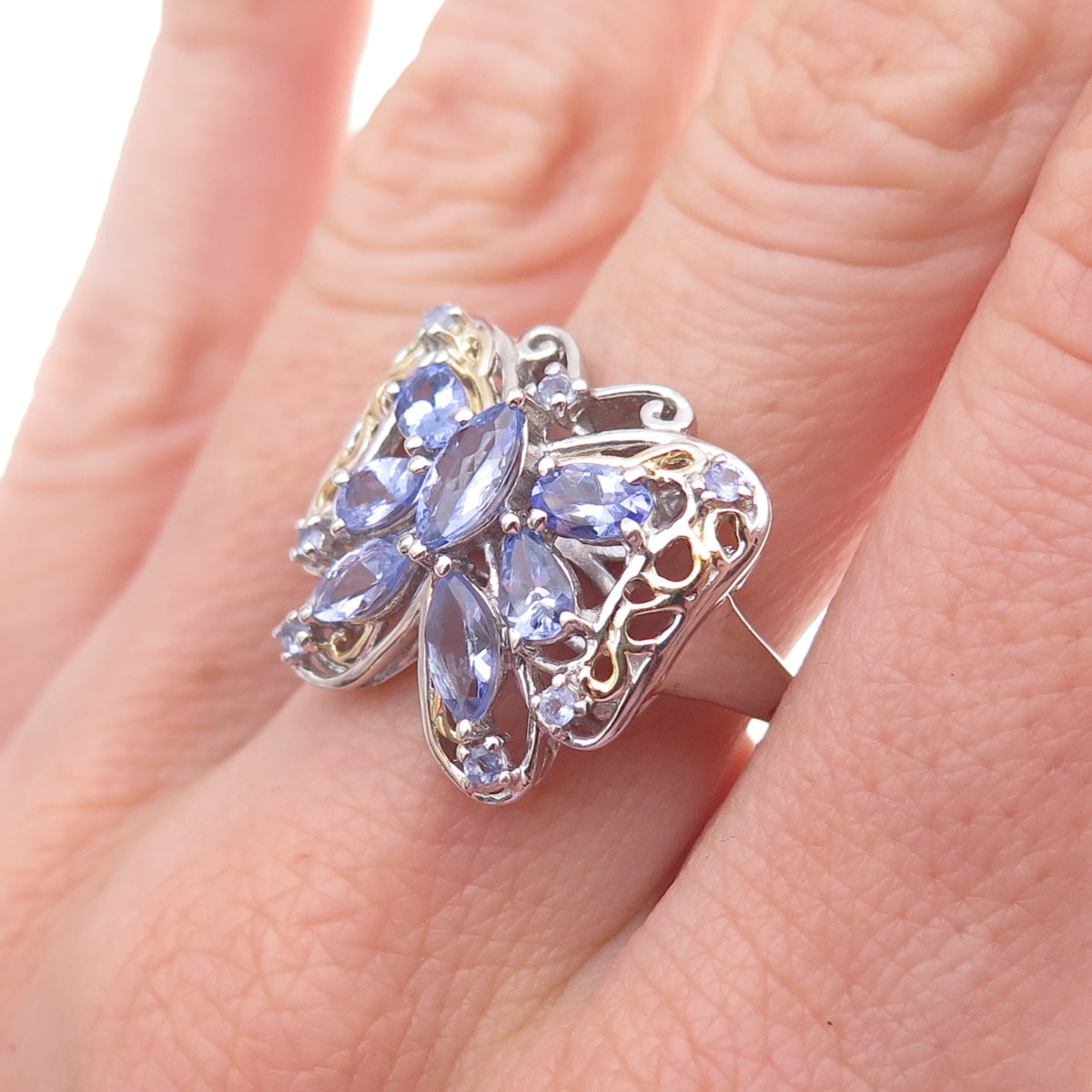 Chuck Clemency Sterling Silver 2-Tone Real Tanzanite Butterfly Ring Size 8.25