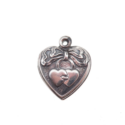 925 Sterling Silver Antique Art Deco Couple Heart Chatelaine Charm Pendant
