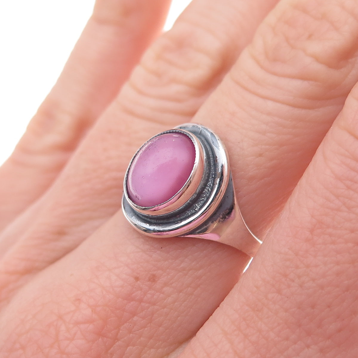 Hermann Siersbol Sterling Silver Vintage Glass Modernist Oxidized Ring Size 6.75
