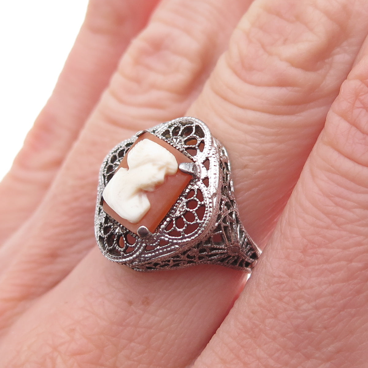 925 Sterling Silver Antique Art Deco Real MOP Lady Cameo Filigree Ring Size 5.75