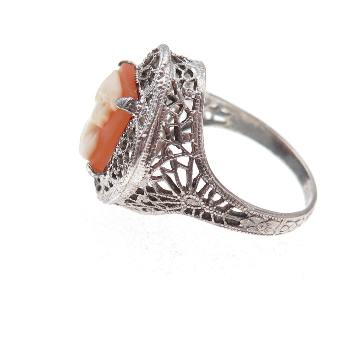 925 Sterling Silver Antique Art Deco Real MOP Lady Cameo Filigree Ring Size 5.75