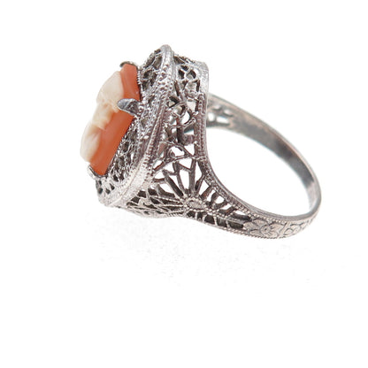 925 Sterling Silver Antique Art Deco Real MOP Lady Cameo Filigree Ring Size 5.75